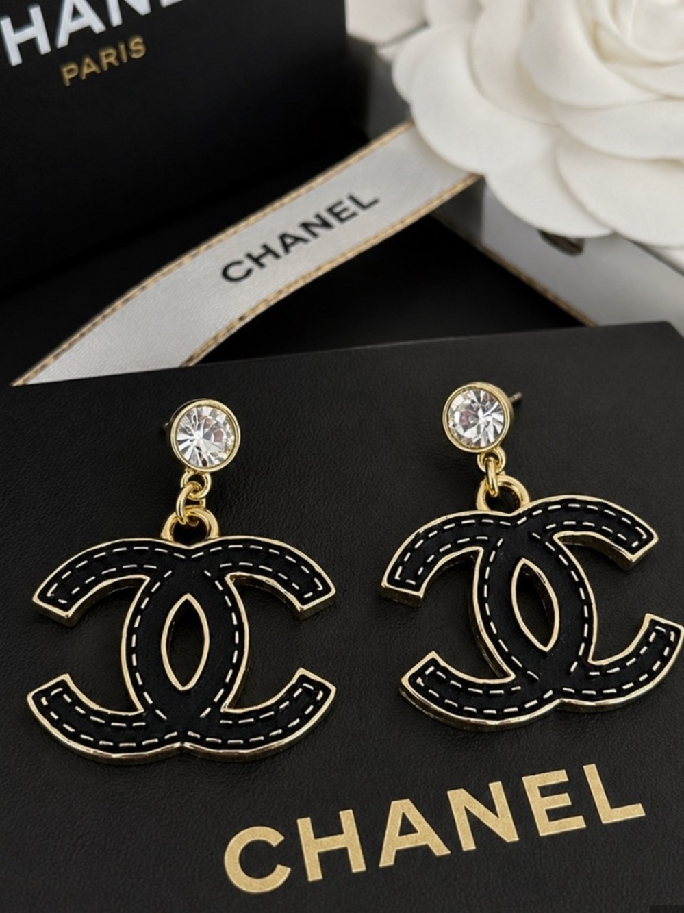 NEW! UPCYCLED CHANEL Charm Black & Gold CC Drop Earrings with Crystal Studs